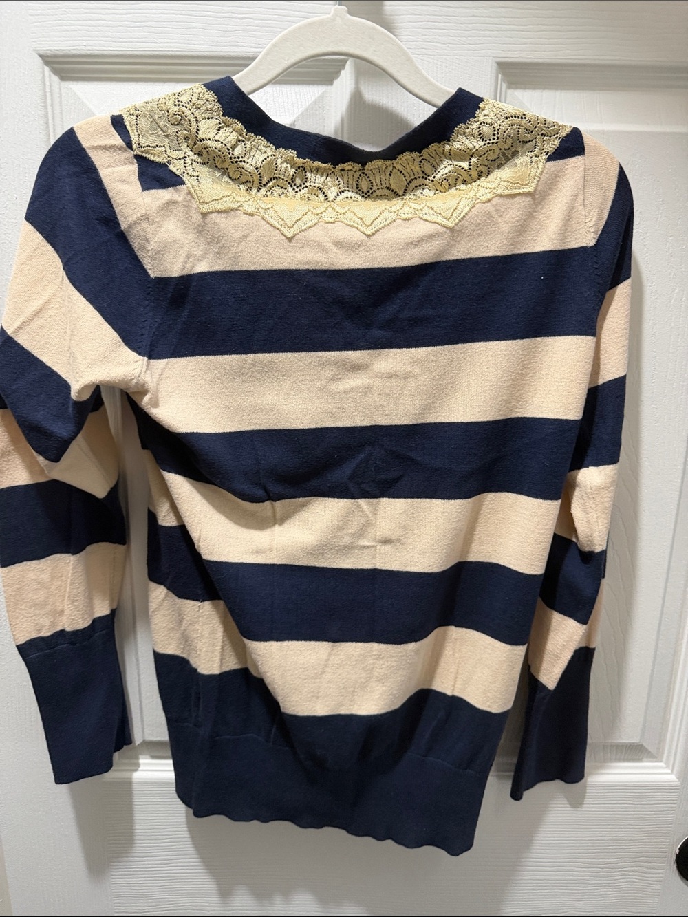 Anthropologie Charlotte - Striped Navy and Cream Lace-Trim Cardigan Sweater - Picture 5 of 5